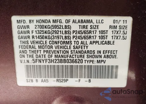 2011 Honda Pilot Lx from USA, damaged, VIN 5FNYF3H23BB036620